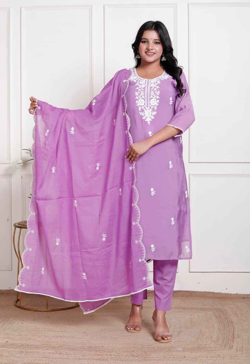  Lavender white embroidered mul chanderi kurta set